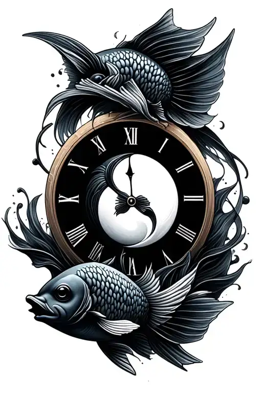 Yin And Yang Fish Swimming Through Clock