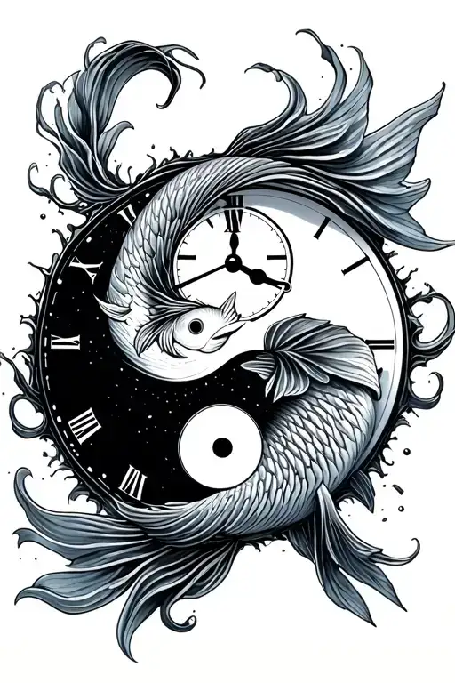 Yin And Yang Fish Swimming Through Clock