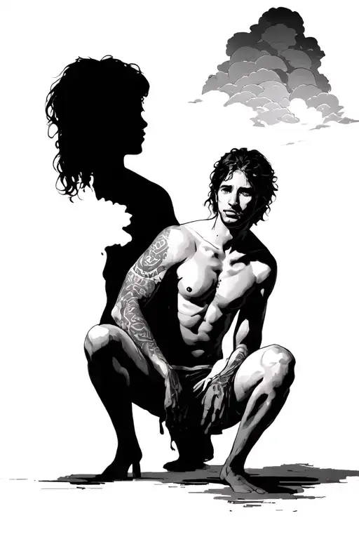 Dude Kneeling In Front Of Two Female Shadows In The Clouds