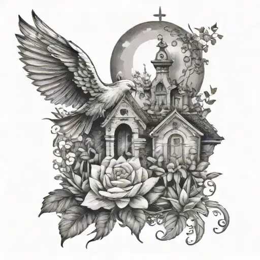 A Serene Garden Scene With Religious Motifs Incorporated