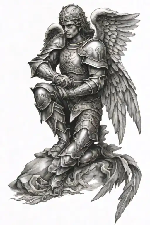 Realistic Kneeling Angel With Armor