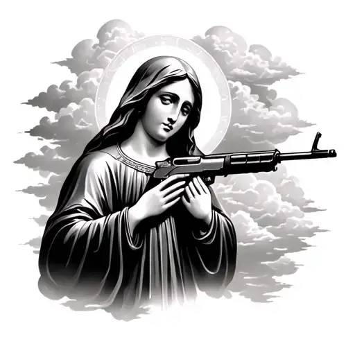 Virgin Mary Praying With An Ak47 With Clouds