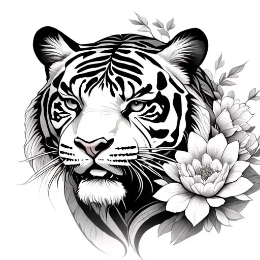 Traditional Japanese Tiger Surroundded By Flowers And Clloudsd