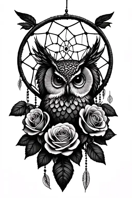 Dream Catcher With An Owl In The Middle Of Several Roses