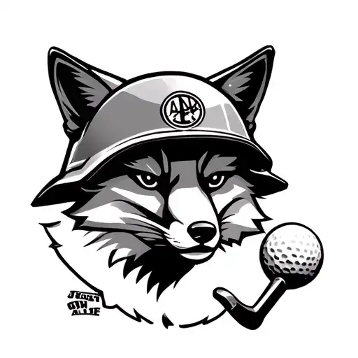 Fox Head With Army Helmet With Golf Club And Golf Ball
