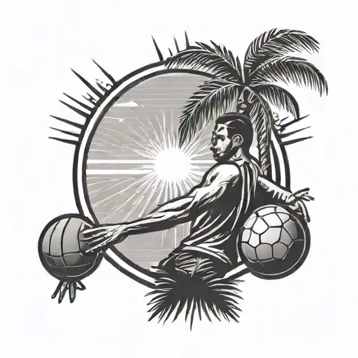 A Handball Player Serving The Ball With A Palm Tree And Sun In The Background