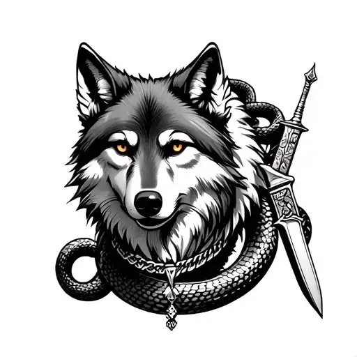 A Wolf With A Necklace Thar Has A Knife On It And Snake In The Back