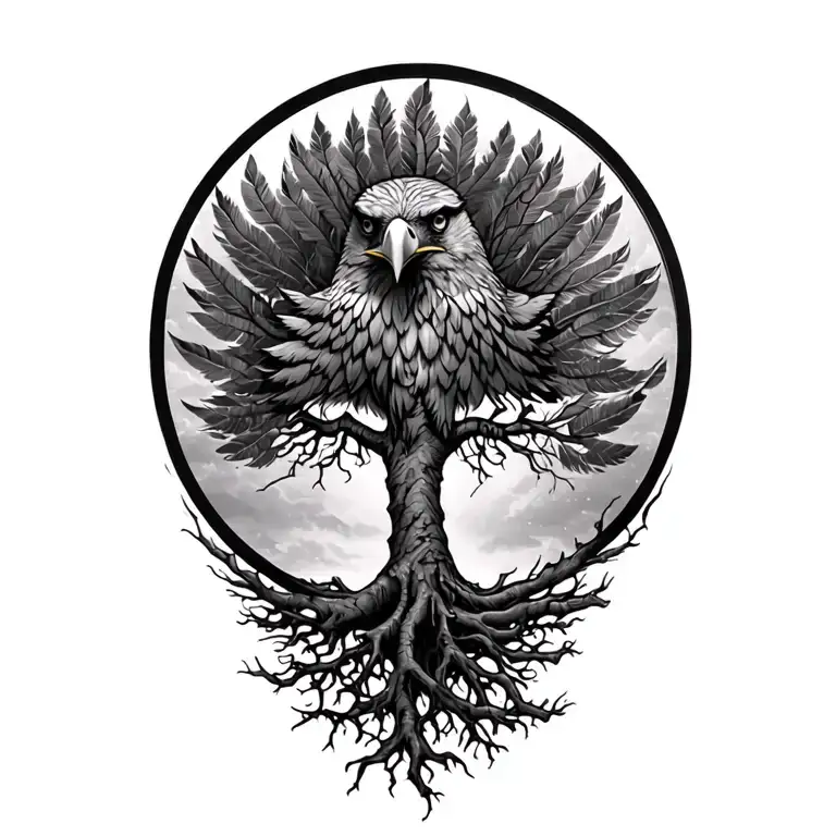 Tree Of Life With Roots Reaching Into Hawk Feathers