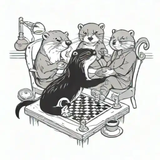 A Surreal Scene Of Otters Playing A Board Game In A Coffee Shop