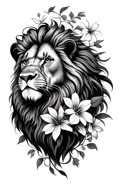 Lion Head Surrounded By South African Flowers Coming Out Of The Mane