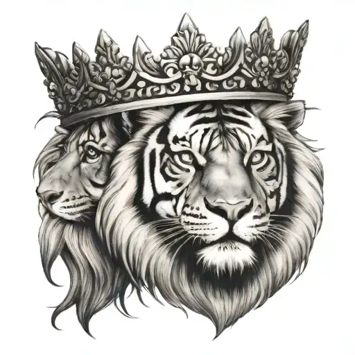 Tiger Beside Lion Wearing A Crown