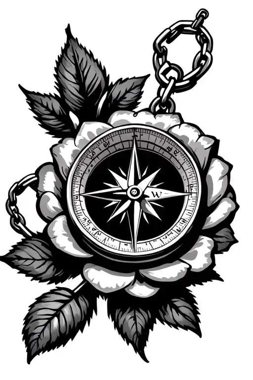 Compass With Chain That Falls Around A Rose