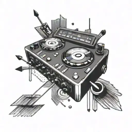A Black-grey Tattoo Of A Dj Mixing Board With Arrows Representing Different Music Genres