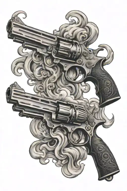 Two Black Pistols Trailing Smoke Back To Back