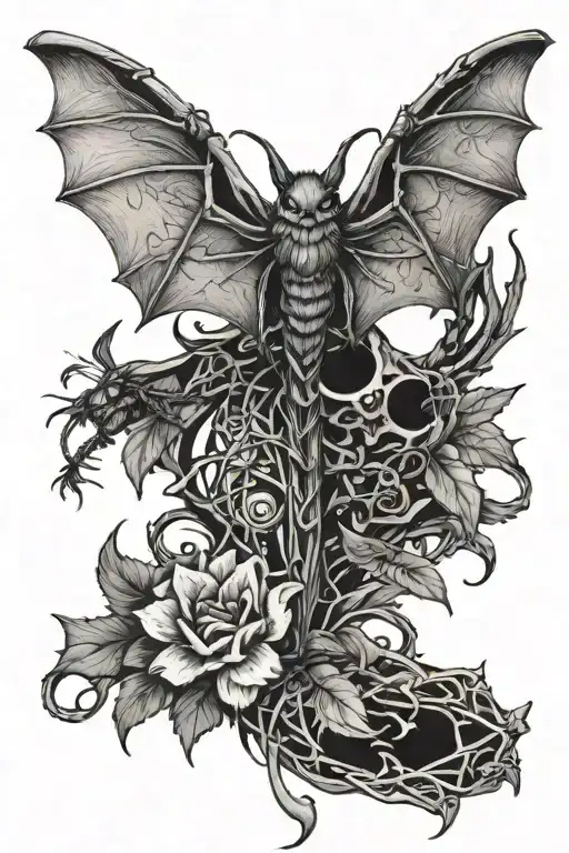 A Bat Tangled In Thorns With A Dragonfly Resting On Top