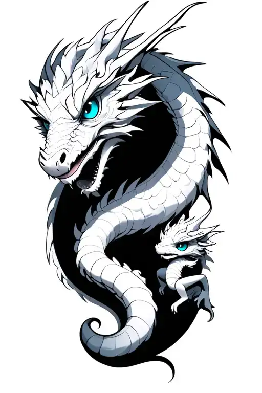 A Female White Dragons With Blue Eyes And Her Little One Who Has Just Hatched