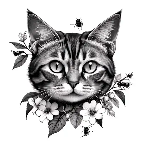 Cat Portrait Flowers And Bugs