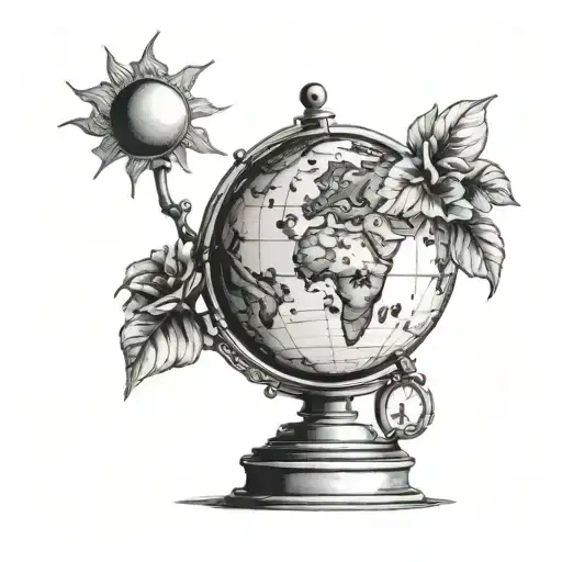 A Surreal Scene Of Flowers Growing On A Globe With The Sun Shining Above With Watches And Coins