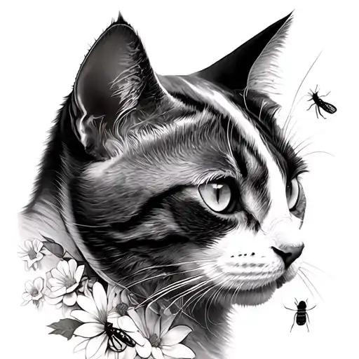 Side Profile Cat Portrait Flowers And Bugs