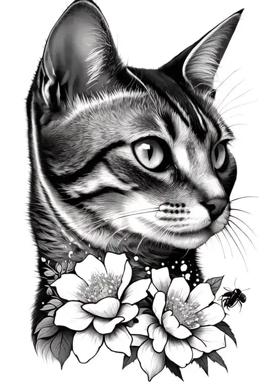 Side Profile Cat Portrait Flowers And Bugs