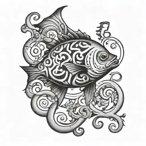 A Tattoo Design Of A Fish Swimming Through A Maze Of Psychology Symbols And Musical Notes