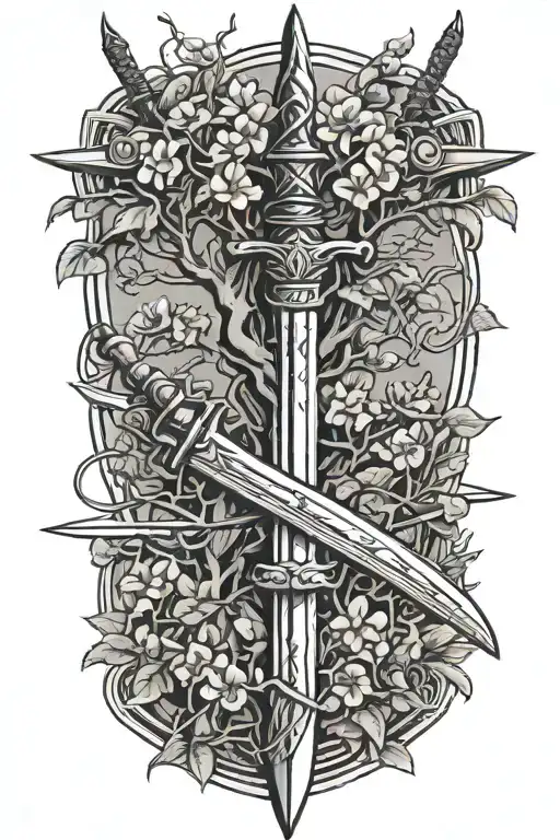 Swords Crossing Each Other Representing Strength Family Spirituality With Cherry Bloosm Tree