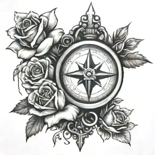 A Cross Intertwined With Roses And Connected With A Small Compass
