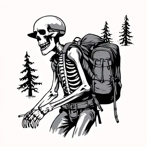 Woodcut Skeleton Hiking With Backpack