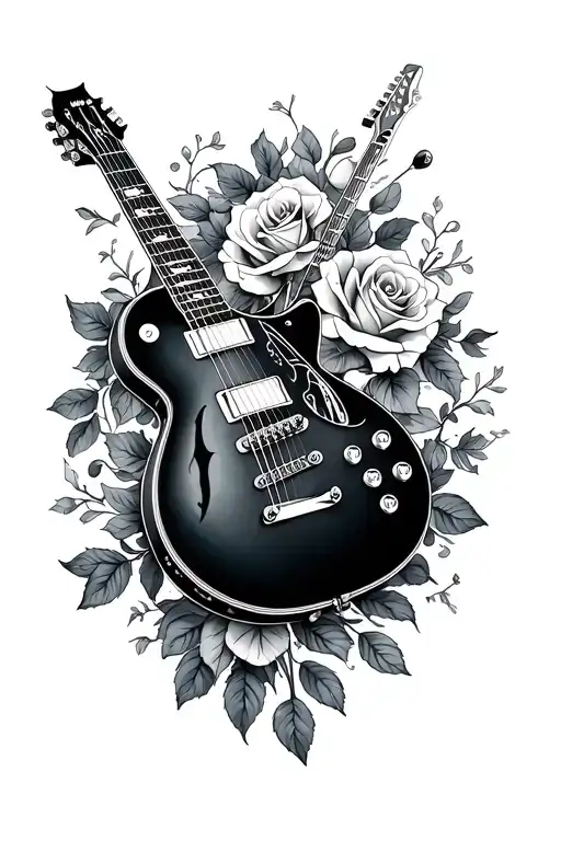 Guitar Intertwined With A Delicate Line Drawing Including Rose