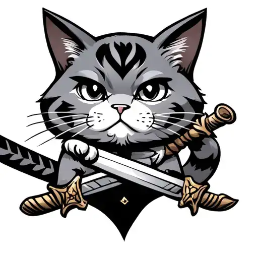 Caricature Cat In Full -Length With Two Swords