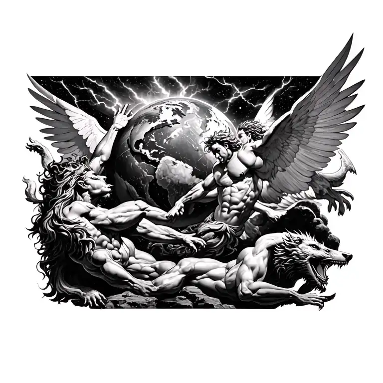 Atlas Lifting The World While Cerberus Howls Below And Pegasus Soars Through Thunder Above