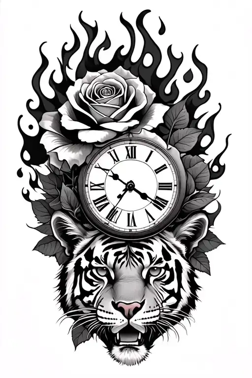 Roses And A Clock And A Tigers Eyes And Flames
