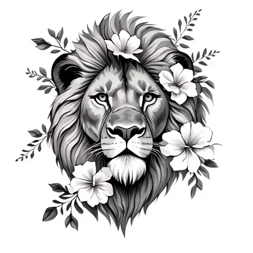Realistic Lion Head With Flowers