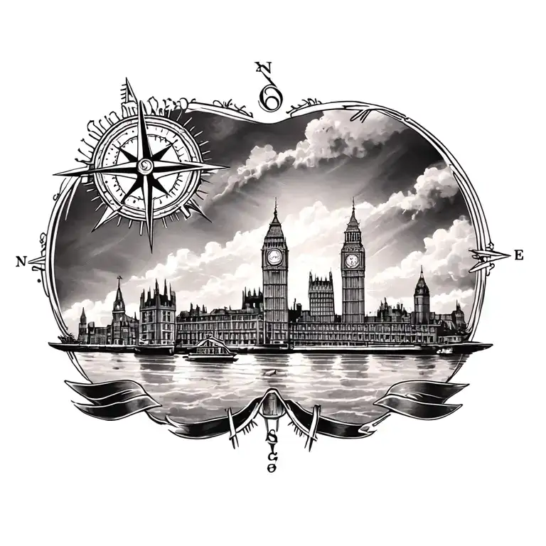 A Tattoo Design Incorporating The London Skyline And A Compass Rose