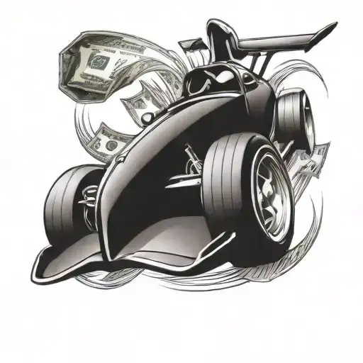 A Sleek Racing Car With Money Flying Out Of The Exhaust Pipes
