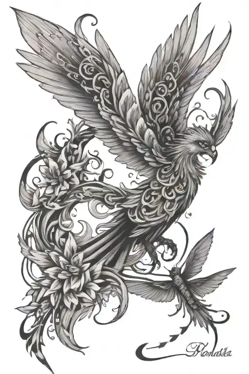 Phoenix Bird With A Tail And Dragonflies Flying