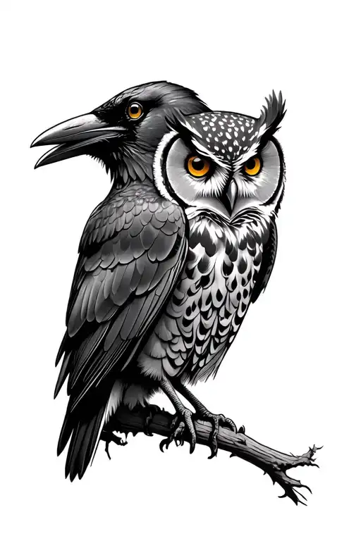 Raven And An Owl Perched