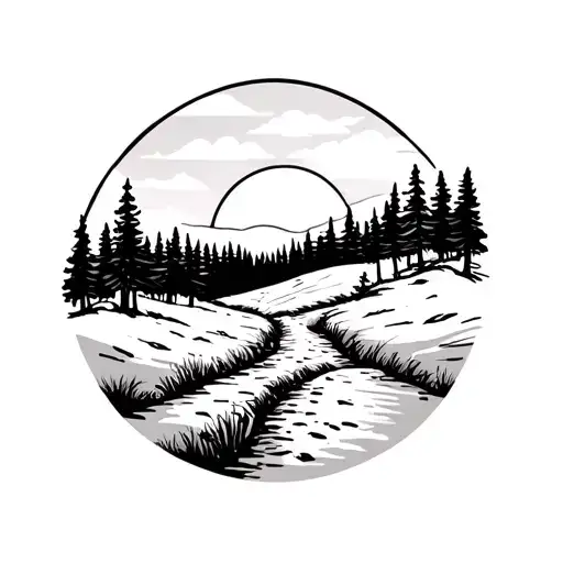 A Minimalist Design Of A Hiking Trail Winding Through A Forest Towards A Glowing Sun