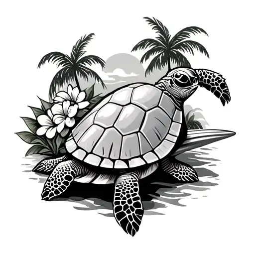 Turtle And Flowers On A Surfboard With Palm Trees In The Back