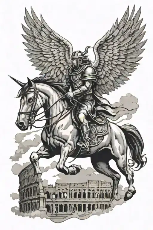 Pegasus Horse With Wings Flying Over Colloseum With Spartan Fighting With Lightning Sky
