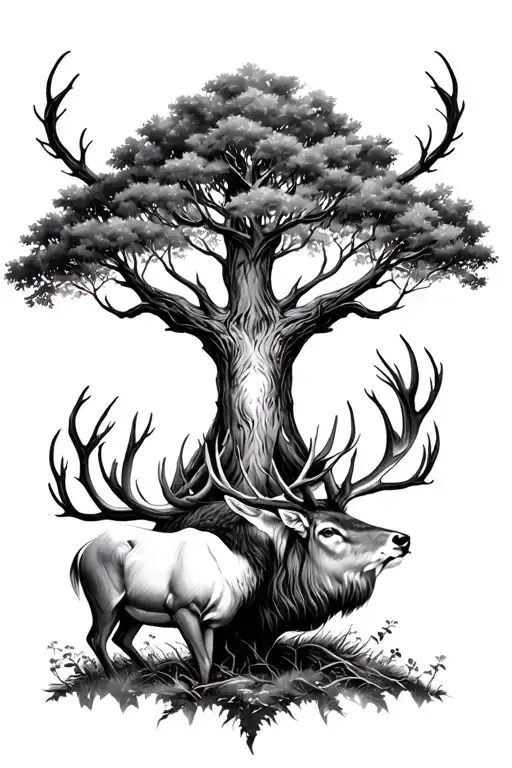 Yggdrasil Tree Doe And Buck Drawing Style