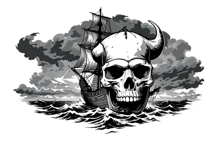 Viking Skull With Ship Sailing Through Stormy Sky