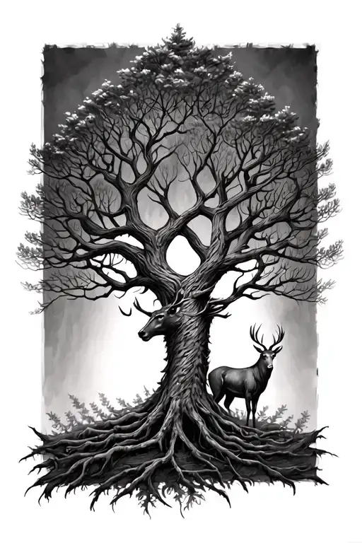 Yggdrasil Tree Drawing Style Viking Male And Female Deer