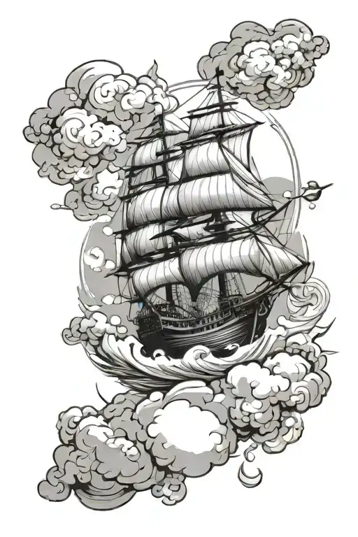 Ship Sailing Through Stormy Sea With A Compass Above The Clouds