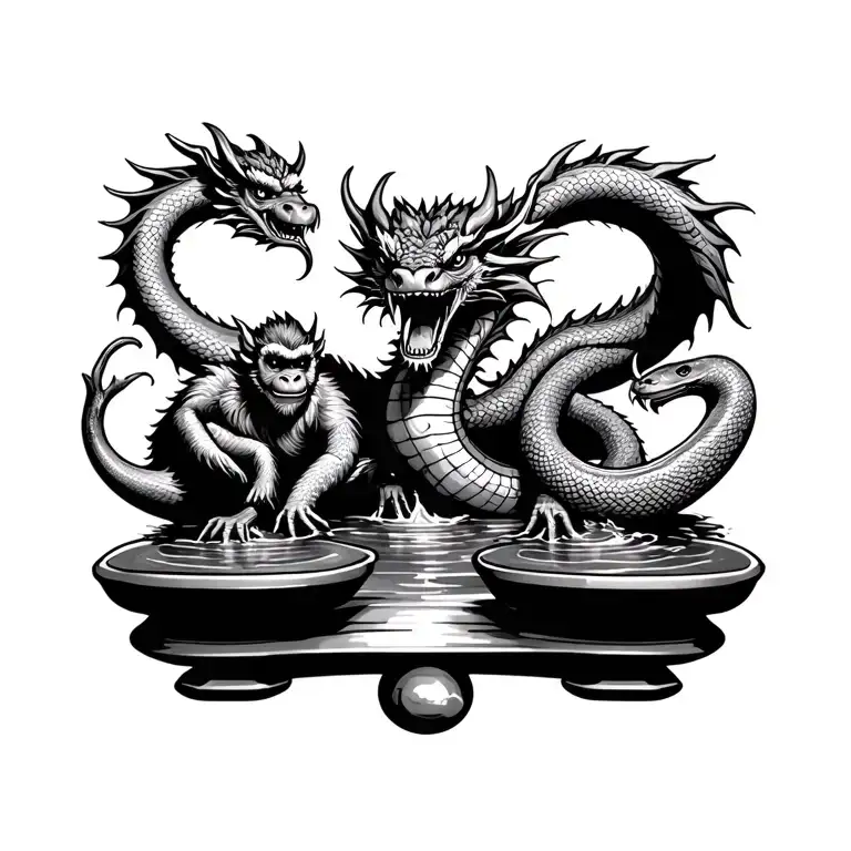 Weight Scale With Dragon In Center Balancing A Water Monkey And Wood Snake