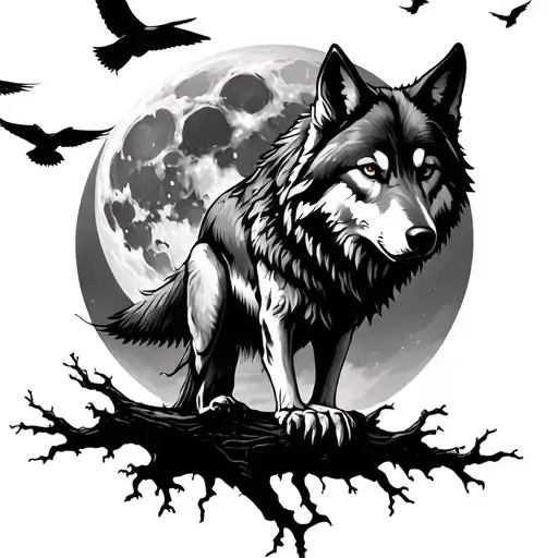 Wolf Dark Sky Full Moon Dead Tree Crows Flying