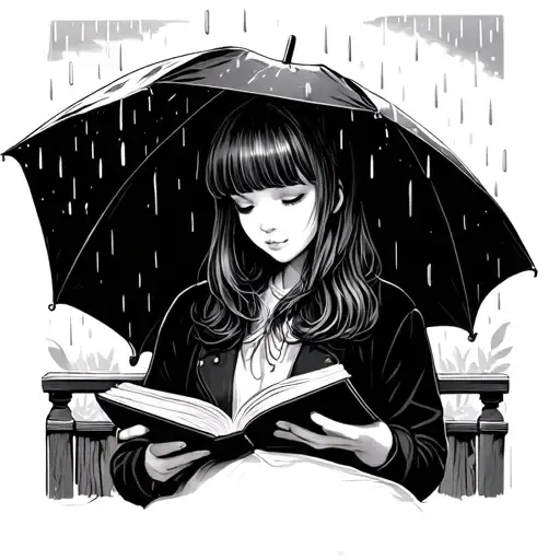 Girl With Bangs And Shoulder Length Hair Reading Book Under Umbrella On The Terrace In Rain