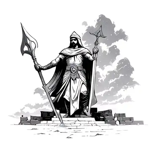 Arabia King Warrior Hold A Special Spear After A Battle Standing On A Temple In The Night Sky