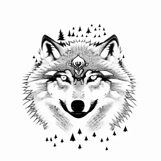 A Wolf With A Forest And Skulls And A Full Moon And Dark