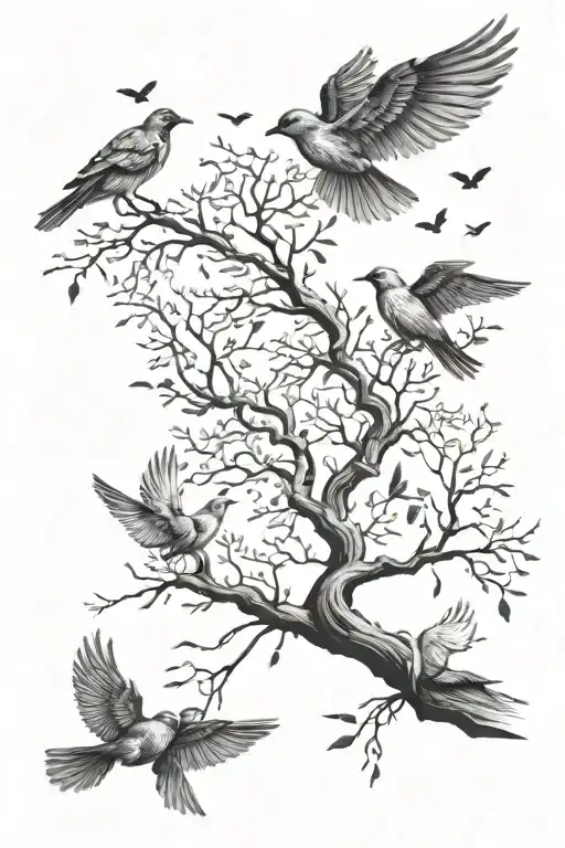 Nature Like Tree And Birds Flying